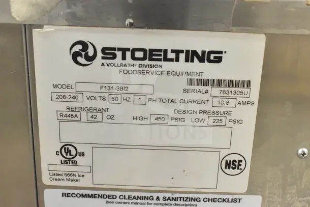 2024 Stoelting F131-38I2 commercial soft serve machine label showing model, voltage, refrigerant, and UL listing.