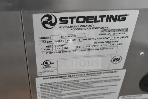 2020 Stoelting SF121-38I2 soft serve machine label, 208-240V, 1 phase, refrigerant 404A 42 oz, NSF certified, UL listed.