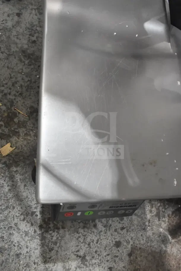 2016 Bizerba GSP HD 13" meat slicer, commercial-grade, illuminated automatic feed, 120V, minor surface scratches.
