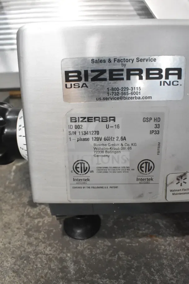 2016 Bizerba GSP HD 13" heavy-duty meat slicer, automatic gravity feed. Visible label shows 120V, 1 phase, model details.