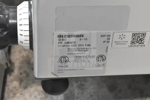 Bizerba GSP HD 13" meat slicer label, 120V 1-phase, ETL-certified, Intertek markings, S/N 10956878.