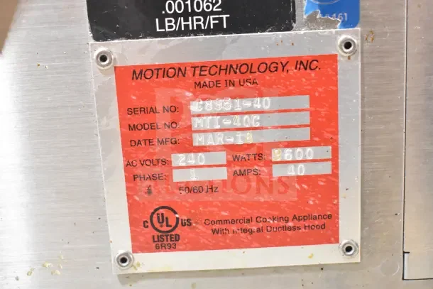 2018 Autofry MTI-40C commercial ventless fryer label showing 240V, 1 Phase, 9600W, 40A, made in USA, serial C68351-40.