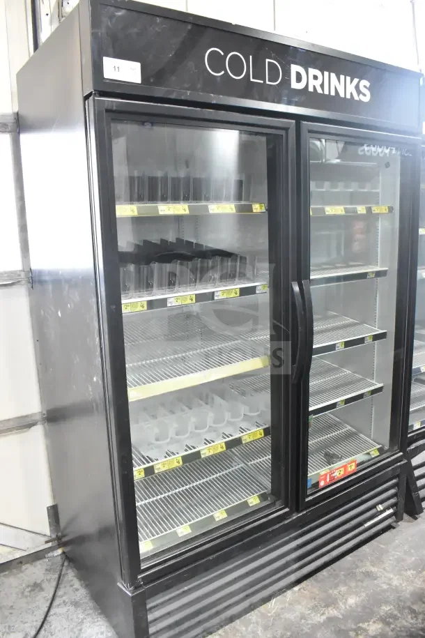 2018 True GDM-49-HC commercial cooler, two glass doors, "Cold Drinks" sign, 115V, tested, working condition.