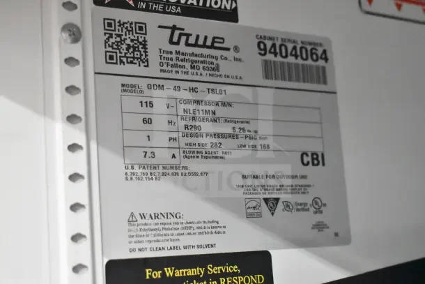 2018 True GDM-49-HC Commercial Cooler, 2-door, 115V, 1 Phase, tested and working, label shows model and specs.