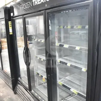 2018 True GDM-72F-HC commercial three-door freezer merchandiser, glass doors, tested and working, labeled "Frozen Treats."
