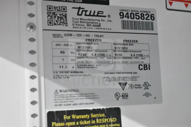 2018 True GDM-72F-HC commercial 3-door freezer, model label indicating 115/208-230V, 1 phase. Tested and working.