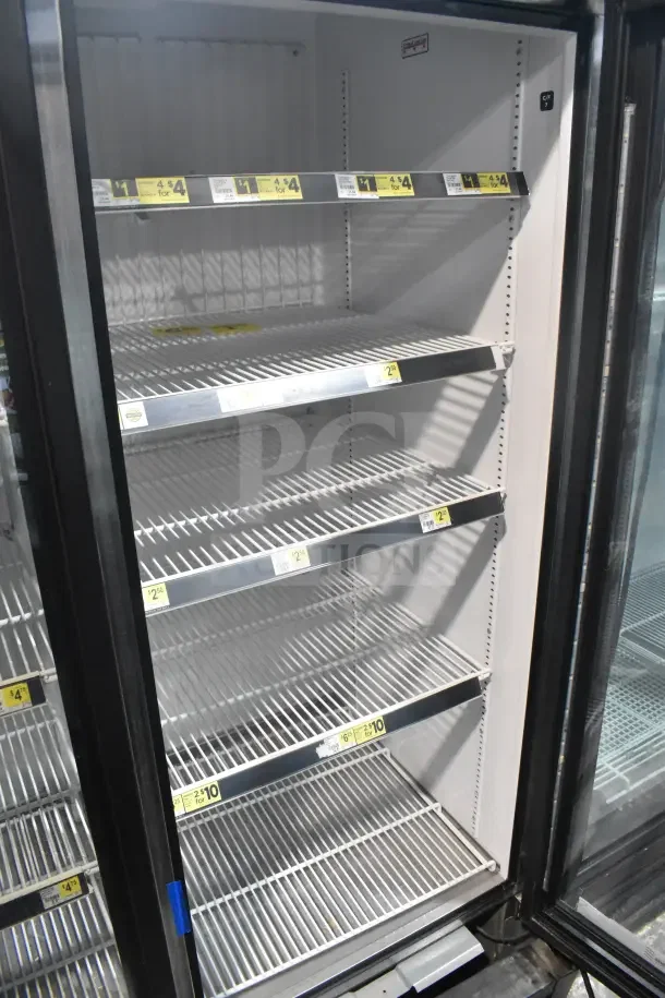 2018 True GDM-72F-HC commercial freezer with 3 glass doors, 5 adjustable shelves, and electrical specs visible.