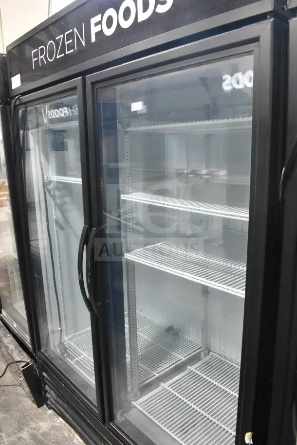 2019 True GDM-49F-HC 2 Door Reach In Freezer, glass doors, adjustable shelves, "Frozen Foods" display, tested and working.
