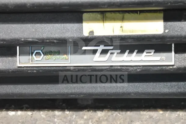 2019 True GDM-49F-HC commercial freezer logo and "natural refrigerant" label on black metal surface. Tested and working.