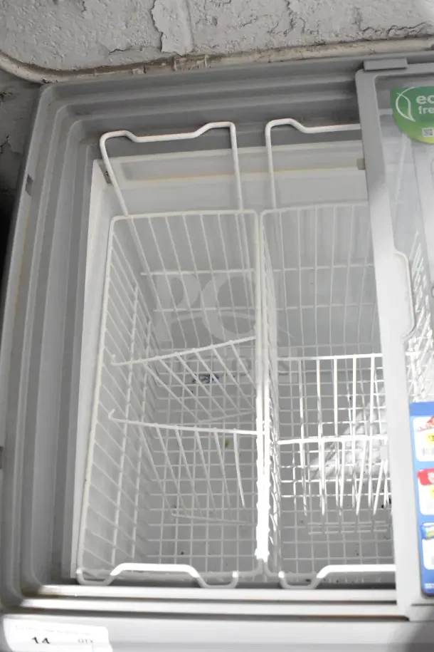 AHT RIO S Commercial Chest Freezer with sliding doors, includes wire baskets. Operates on 115 Volts, 1 Phase.