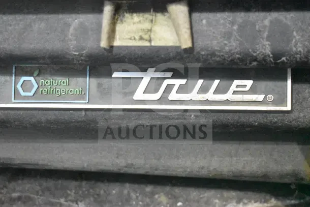 True GDM-72F-HC logo with "natural refrigerant" label on a commercial 3-door freezer merchandiser, tested and working.