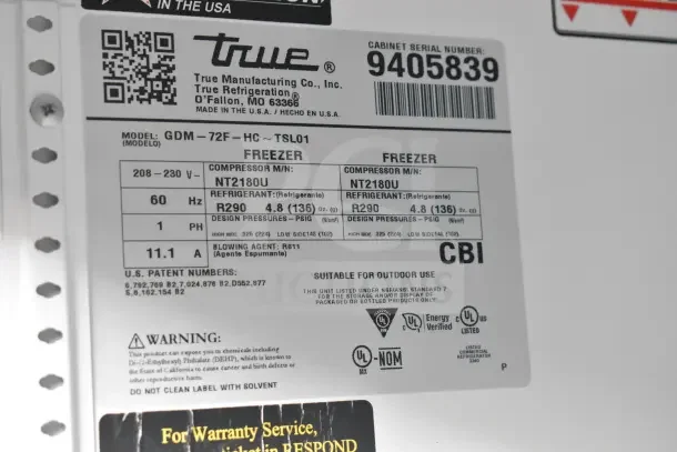 Label on the 2018 True GDM-72F-HC freezer, showing model, voltage, refrigerant, and certification details.