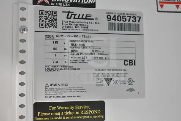 2018 True GDM-72-HC cooler, 3 doors, 115V, 1 phase, tested, working, model label with specs and serial number 9405737.
