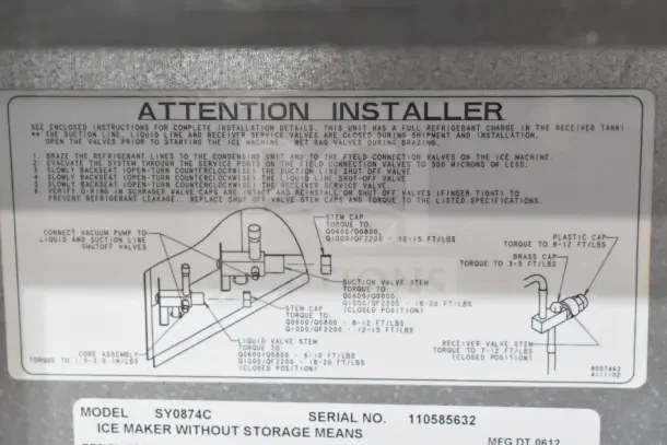 Manitowoc SY0874C ice machine label, detailing installation instructions, torque specs, model number, and serial number 110585632.