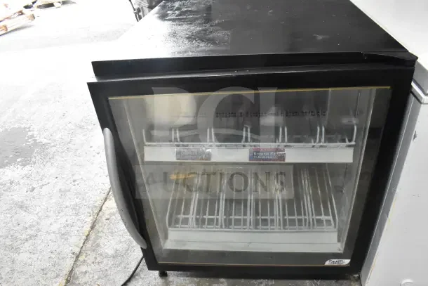 2016 Minus Forty 07-CSGF-X1-HR commercial mini freezer merchandiser, black, glass door, 115V, 1 Phase, visible shelves.