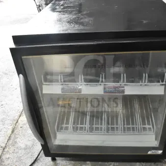 2016 Minus Forty 07-CSGF-X1-HR commercial mini freezer merchandiser, black, glass door, 115V, 1 Phase, visible shelves.