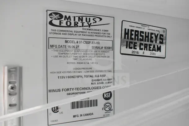 2016 Minus Forty 07-CSGF-X1-HR mini freezer, commercial, 115V, 1 phase. Tags detail model, NSF certified, and Hershey's label.