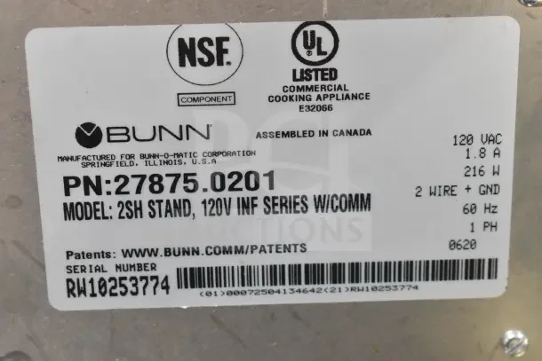 2020 Bunn 2SH Stand, Model 27875.0201, Commercial Double Satellite Server Stand, 120V, 1 Phase; NSF and UL listed.