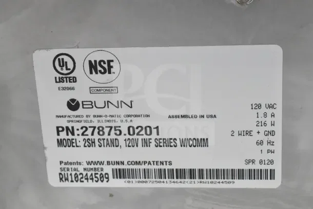 2020 Bunn 2SH STAND 27875.0201 Commercial Double Satellite Server Stand, 120V, single phase, UL and NSF listed.