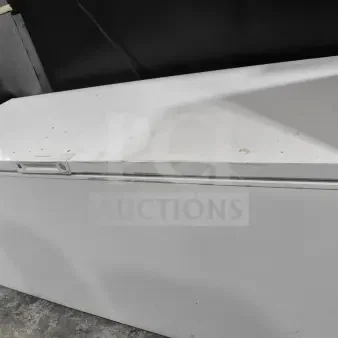 Frigidaire Commercial Chest Freezer, 115 Volts, 1 Phase. White exterior with visible wear, top-access design.