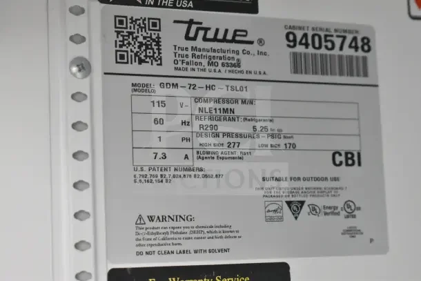 Label of 2018 True GDM-72-HC Cooler, 3 doors, 115V, 1 phase, R290 refrigerant, Energy Star certified.