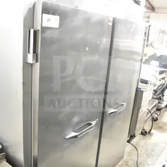 Randell 2020F Commercial 2-Door Reach-In Freezer, stainless steel, 115V, 1 phase, visible wear, model label present.