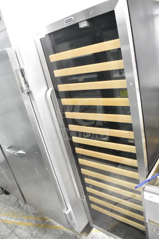 Whynter Commercial Single Door Reach-In Wine Cooler Merchandiser with glass front, wood racks, and stainless steel frame.