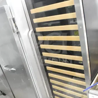 Whynter Commercial Single Door Reach-In Wine Cooler Merchandiser with glass front, wood racks, and stainless steel frame.