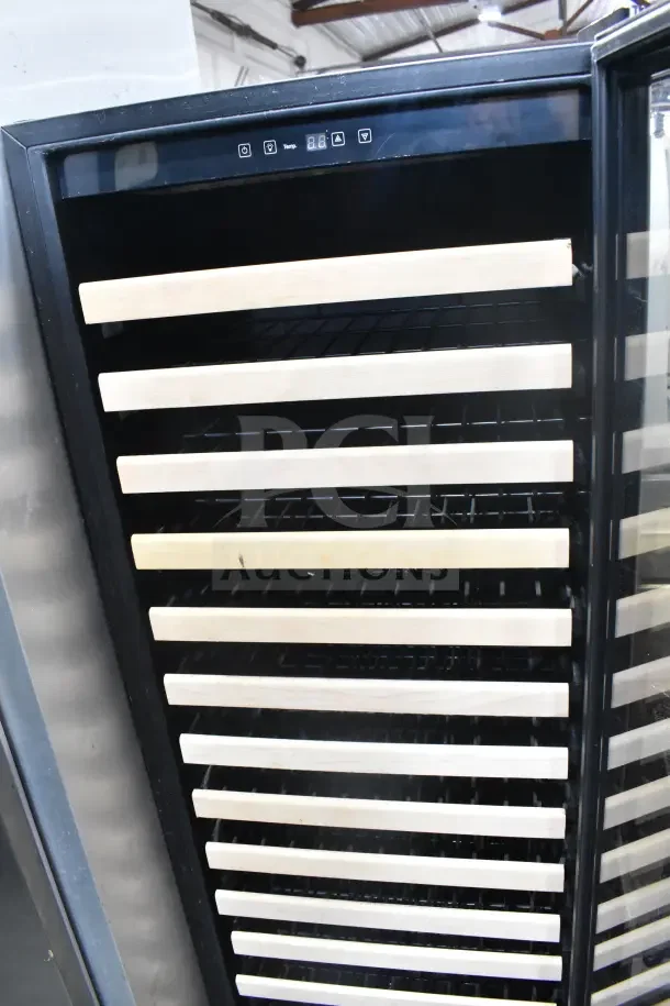 Whynter Commercial Single Door Wine Cooler, black frame, digital display, wood shelves, 120V, excellent condition.