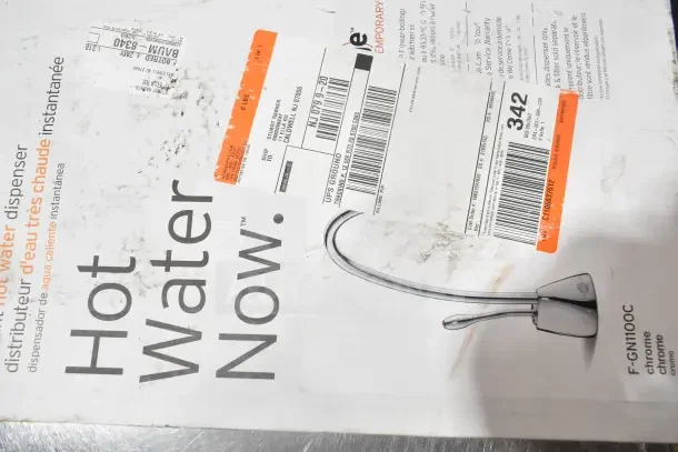 IN ORIGINAL BOX! Insinkerator F-GN1100C Instant Hot Water Dispenser, chrome, new condition, visible shipping labels.