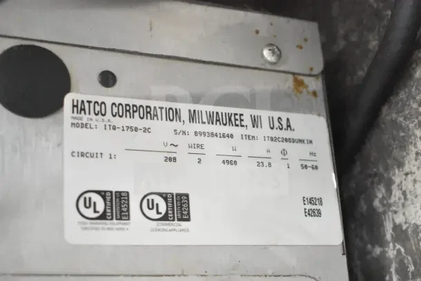Hatco ITQ-1750-2C commercial toaster label showing model, serial number, and electrical specifications.