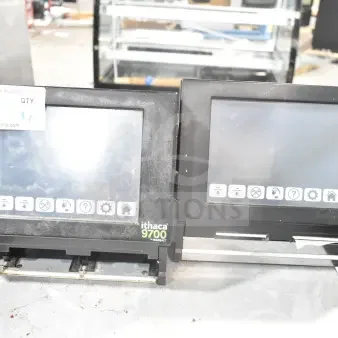 Two Ithaca 9700 Transact food prep labelers, touchscreens visible, used condition, ideal for efficient labeling.