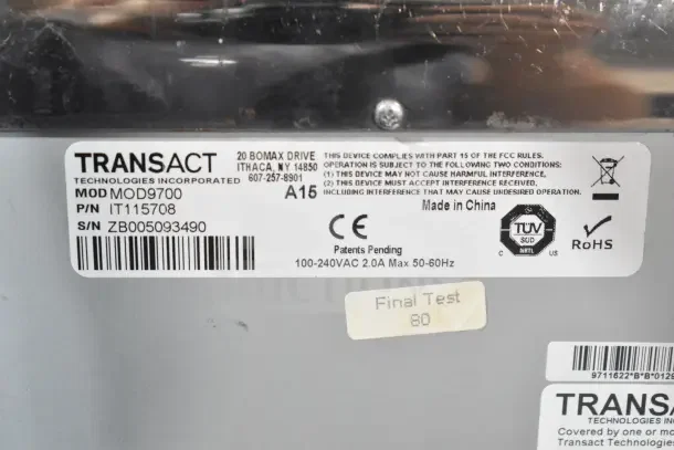 TransAct Ithaca 9700 Food Prep Labeler, Model MOD9700, P/N IT115708, S/N ZB005093490. CE, RoHS certified. Made in China.