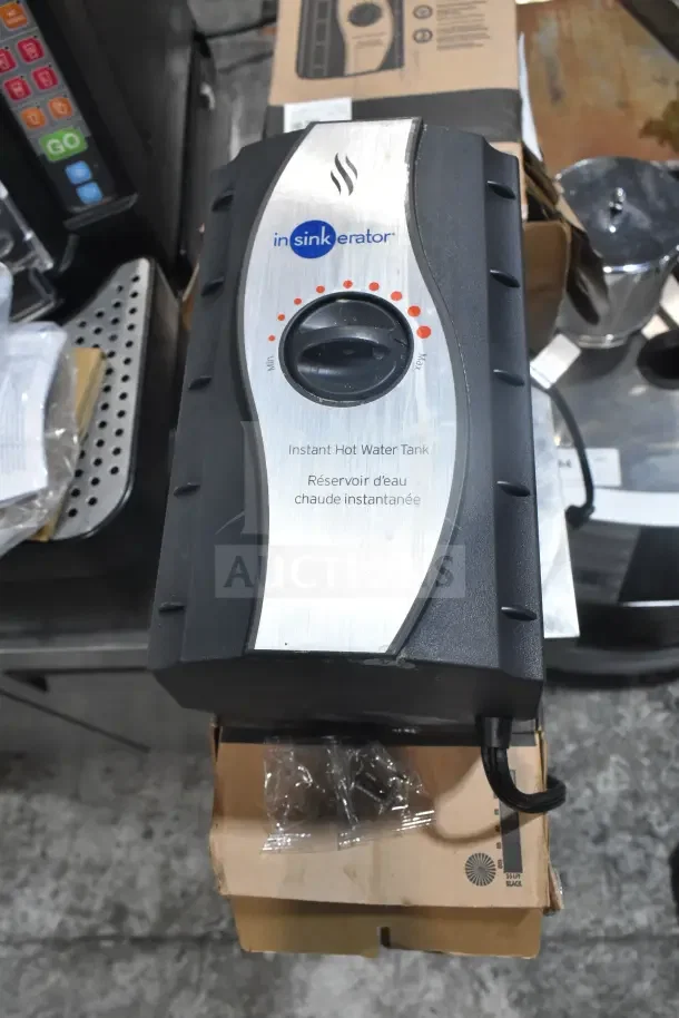 IN ORIGINAL BOX! Insinkerator HWT Instant Hot Water Tank, stainless panel, visible dial, excellent condition.