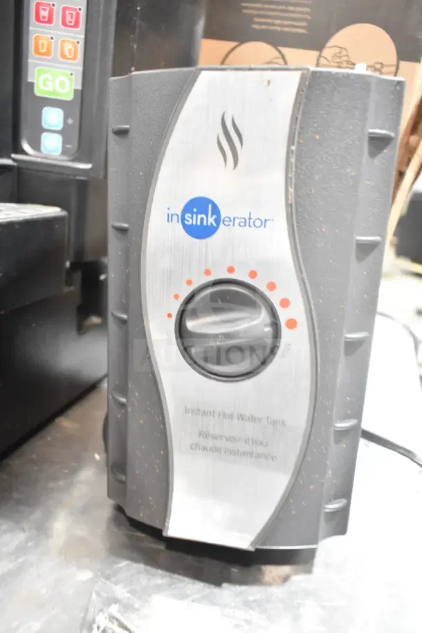 IN ORIGINAL BOX! Insinkerator HWT Instant Hot Water Tank; black/gray, visible control knob, branded logo, excellent condition.