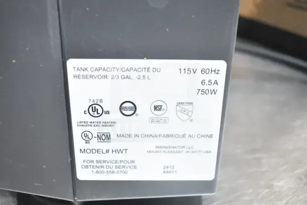 IN ORIGINAL BOX! Insinkerator HWT Instant Hot Water Tank, 115V, 60Hz, 750W, 2/3 gal capacity, Model HWT.