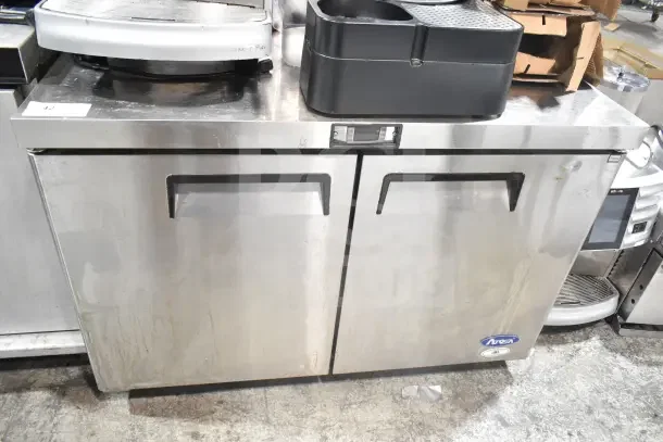 Atosa Commercial 2 Door Undercounter Cooler, stainless steel, 115 Volts, 1 Phase, used condition, visible Atosa branding.