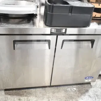 Atosa Commercial 2 Door Undercounter Cooler, stainless steel, 115 Volts, 1 Phase, used condition, visible Atosa branding.