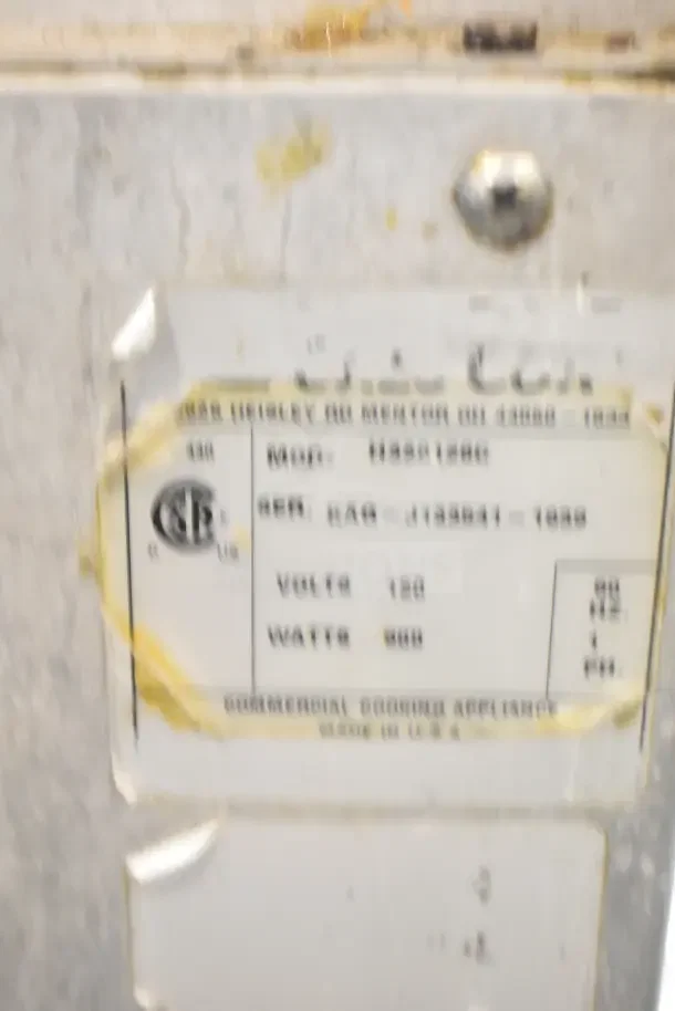 CresCor H33S128C heated holding cabinet label. Shows model, serial number, 120 volts, 1 phase, 800 watts.