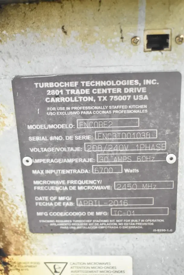 Turbochef Encore 2 rapid cook oven label showing model ENC3TD01038, 208/240V, 1 phase, 30 amps, made April 2016.