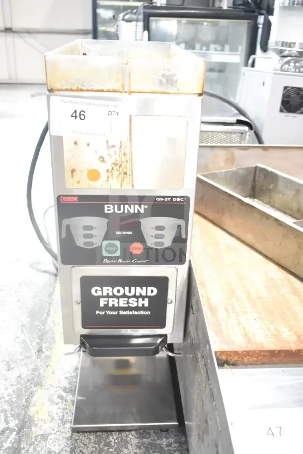 Bunn G9-2T DBC coffee grinder, missing lids, commercial countertop model, 120V, visible wear, model label shown.