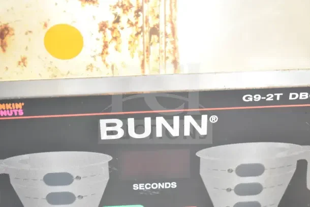 Bunn G9-2T DBC coffee grinder, used, missing lids, 120V, 1 phase, visible branding and model markings.
