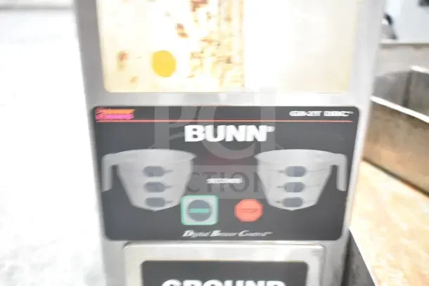 Bunn G9-2T DBC Commercial Coffee Bean Grinder, missing lids, 120V, 1 Phase. Markings show digital brewer control.