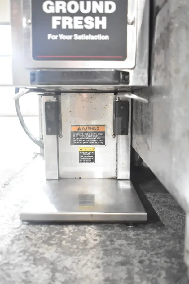Bunn G9-2T DBC Coffee Grinder, stainless steel, missing lids, 120V, 1 Phase, warning labels visible, commercial use.