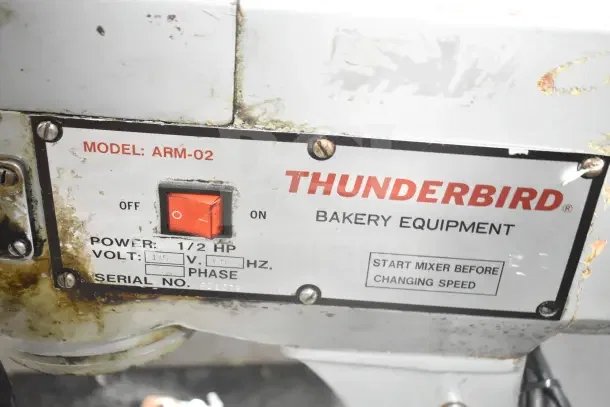 Thunderbird ARM-02 20 Quart Planetary Dough Mixer, 115V, 1 Phase, with visible wear. Label shows model and power details.