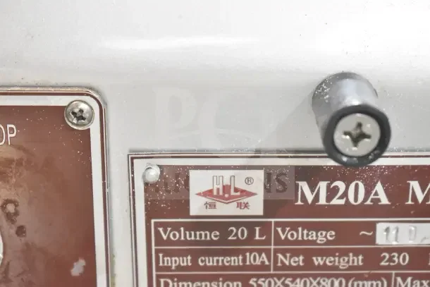 M20A Commercial 20L Planetary Dough Mixer label showing specifications: 110V, 10A, single-phase, with 550x540x800mm dimensions.