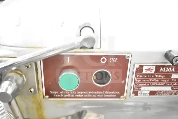 M20A Commercial Countertop 20L Dough Mixer with bowl guard, 110V, 1 Phase. Visible controls and specifications label.