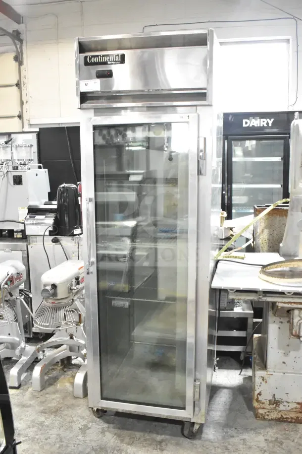 2019 Continental 1RNGD single door cooler merchandiser, stainless steel, 115V, glass door, commercial use, on wheels.