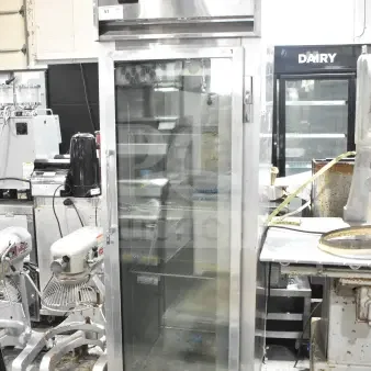 2019 Continental 1RNGD single door cooler merchandiser, stainless steel, 115V, glass door, commercial use, on wheels.