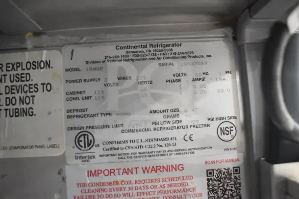 2019 Continental 1RNGD Commercial Single Door Reach In Cooler, 115 Volts, 1 Phase. Visible labels detail model and specifications.